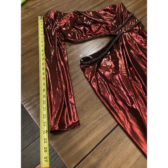 Marchesa Notte One-Shoulder slit Gown Metallic Red Cut Out Maxi Midi Dress 8 NWT - Picture 7 of 17